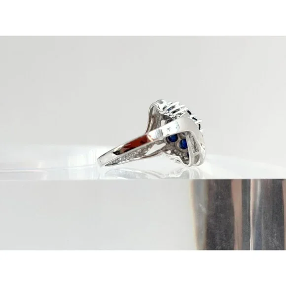 10k White Gold Blue Sapphire & White Diamond Vintage Gemstone Cocktail Ring sz 7 - Picture 4 of 10